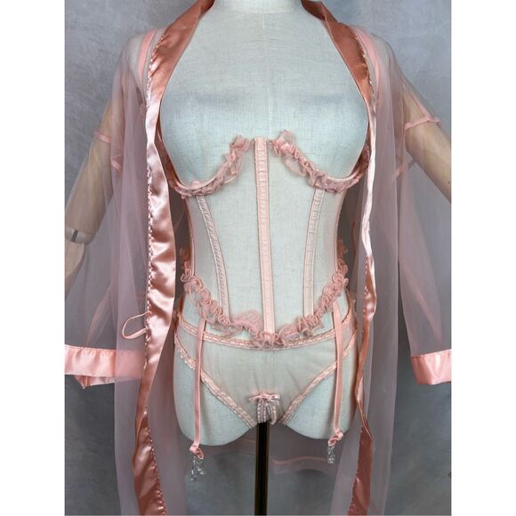 Vintage Under Bust Corset Lingerie Set 4pc Sheer Pink Ruffle Robe 90s RARE XS S - Picture 8 of 10